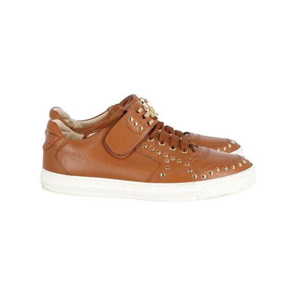 Versace Medusa Studded Low Top Sneakers in Tan Leather